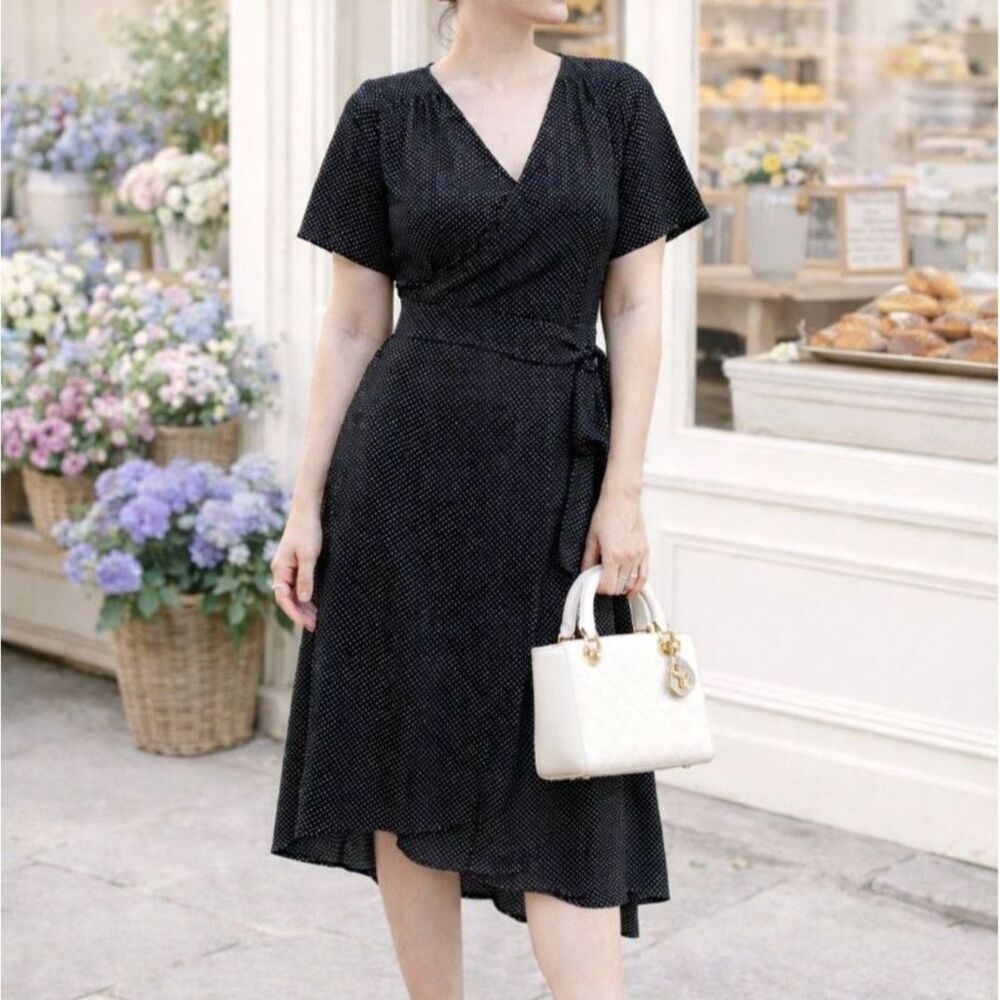 Black Micro Dot Wrap Dress S 4 6 XSP Flutter Midi Parisian Chic Dainty Polka Tie